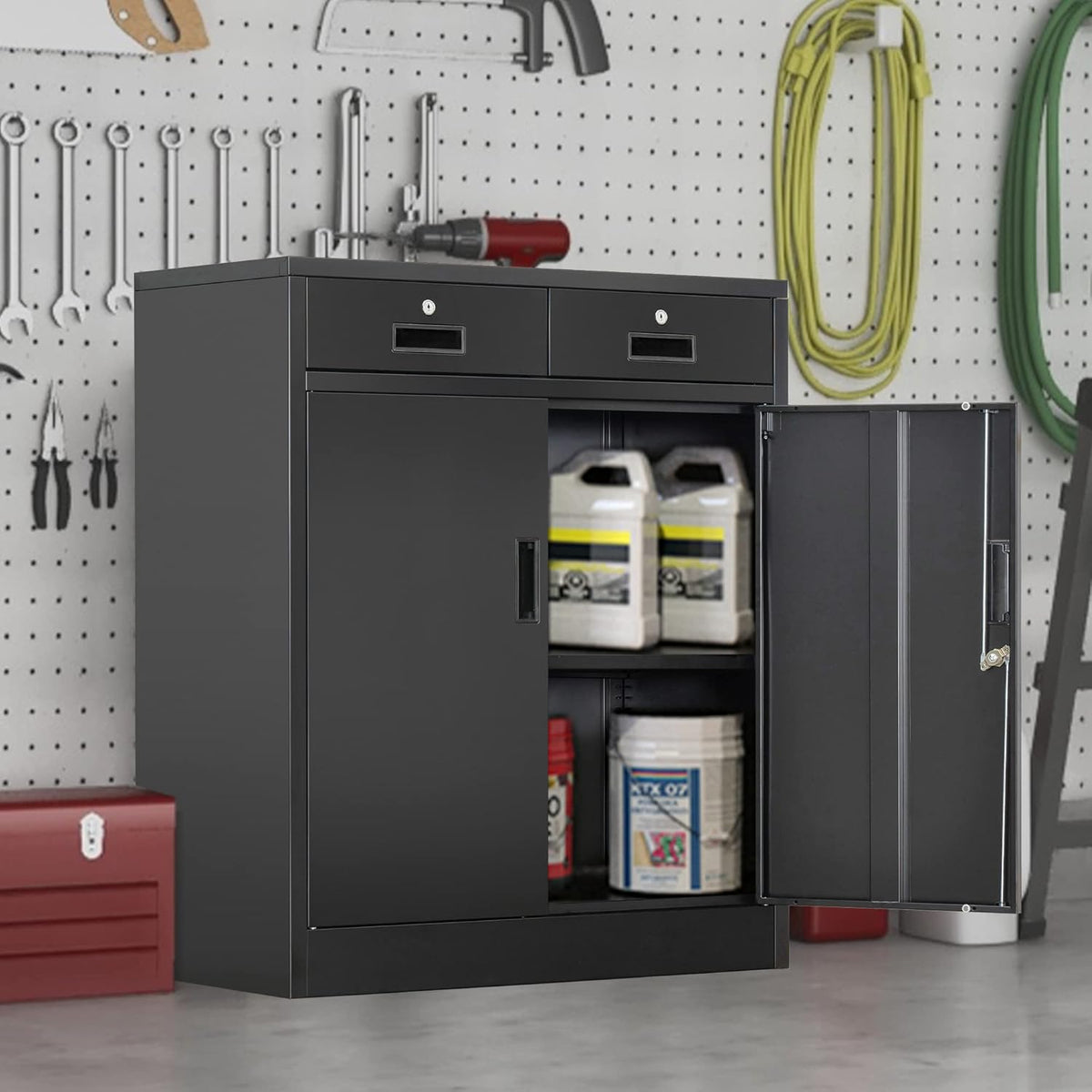 Black metal storage cabinet in a garage scene with right door open showing stored cans and buckets