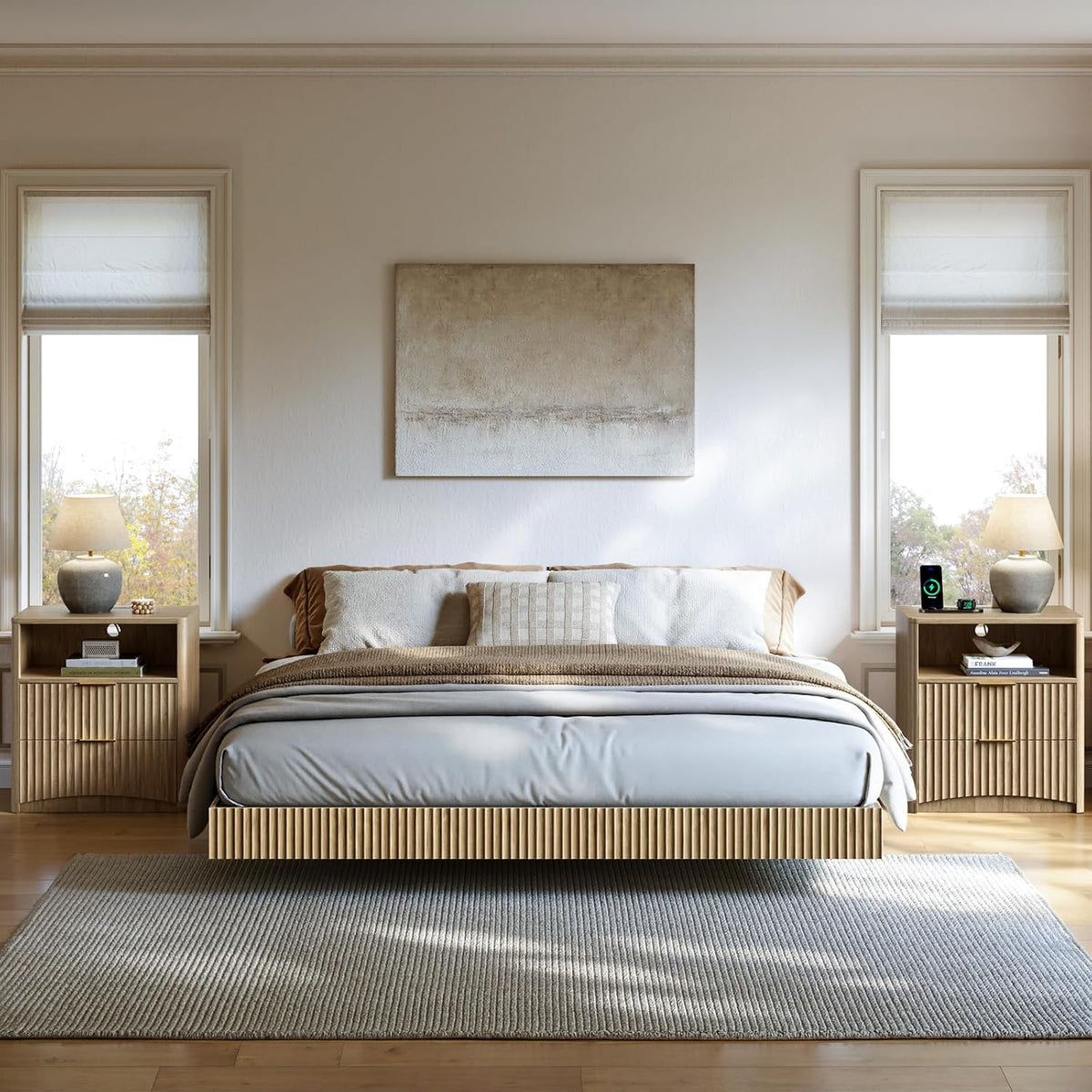 Front view of a floating fluted wood bed with two matching nightstands in a bright bedroom