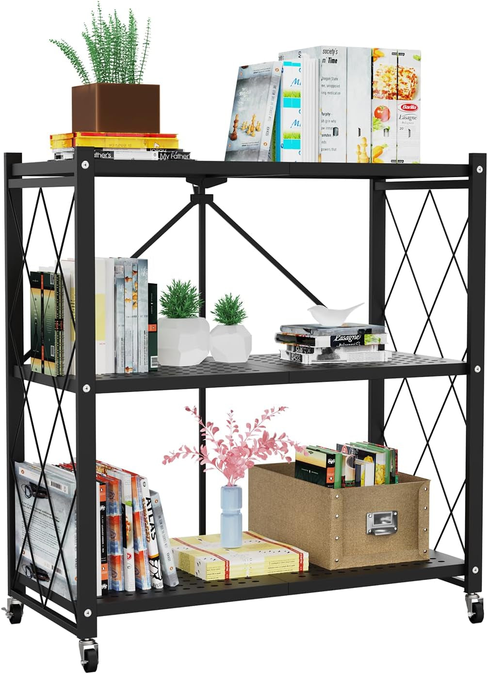 Close cropped view of the lower shelves showing books, a cardboard storage box and small potted plants.