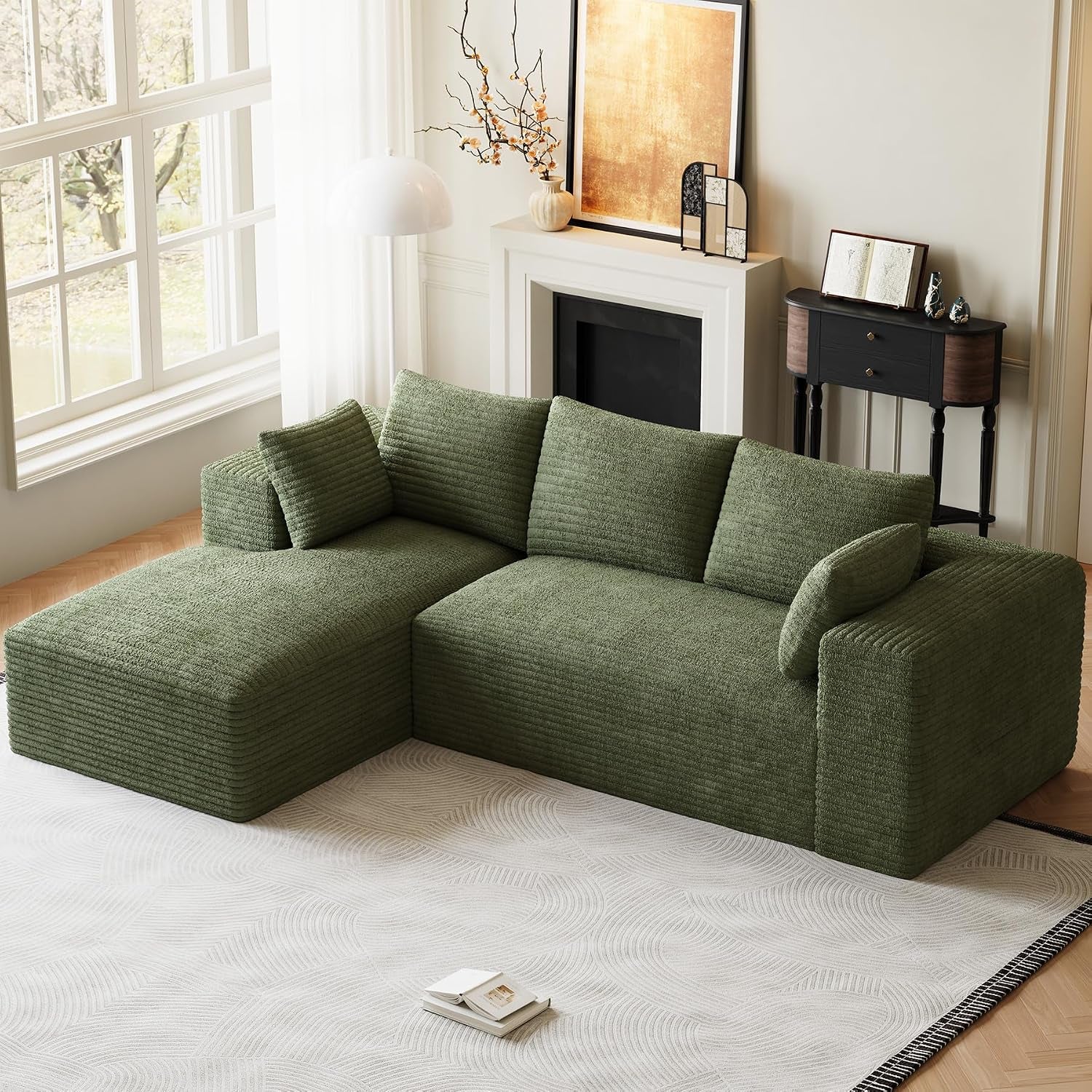 ONEMMLION 96" L-Shaped Cloud Boneless Couch Sofa with Chaise, Beige White | Corduroy Comfy Fluffy Modular Deep Seat Memory Foam Compressed Sectional Sofa for Living Room Oversized Left Facing Chaise