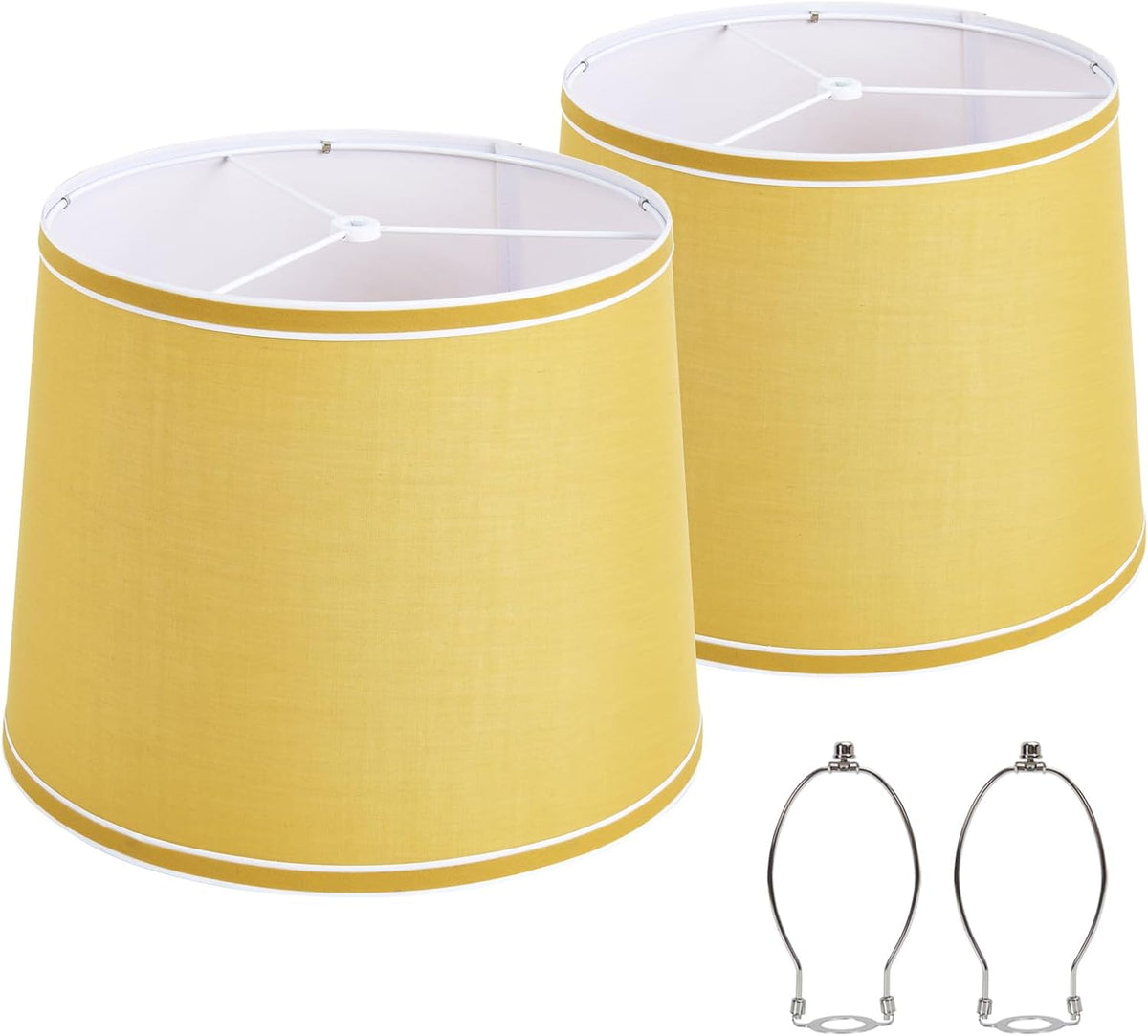 Pair of bright yellow linen-look shades with white trim displayed with two chrome harp frames