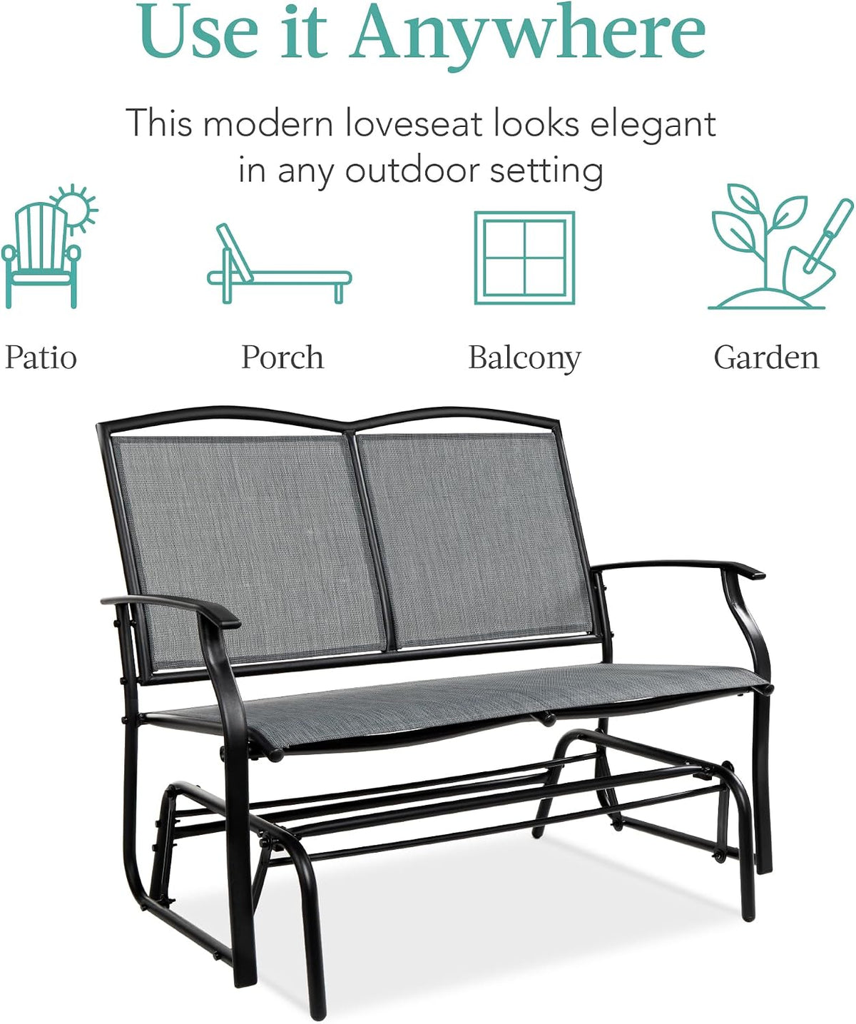 Front three-quarter view of a grey glider loveseat beneath icons for patio, porch, balcony and garden.