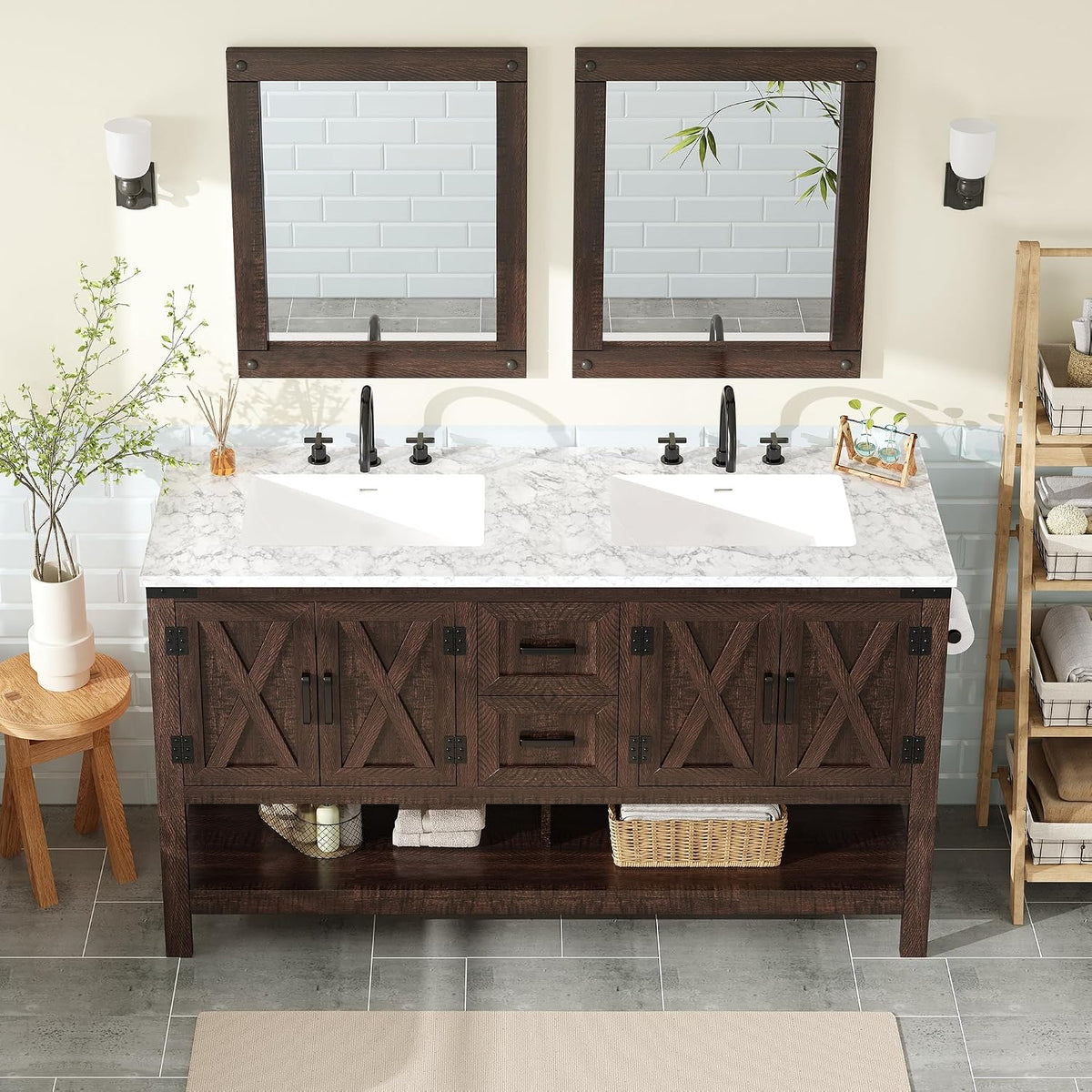 AMERLIFE 48" White Farmhouse Double Sink Bathroom Vanity, Solid White Top | Antique White, Solid White, gallery view 13
