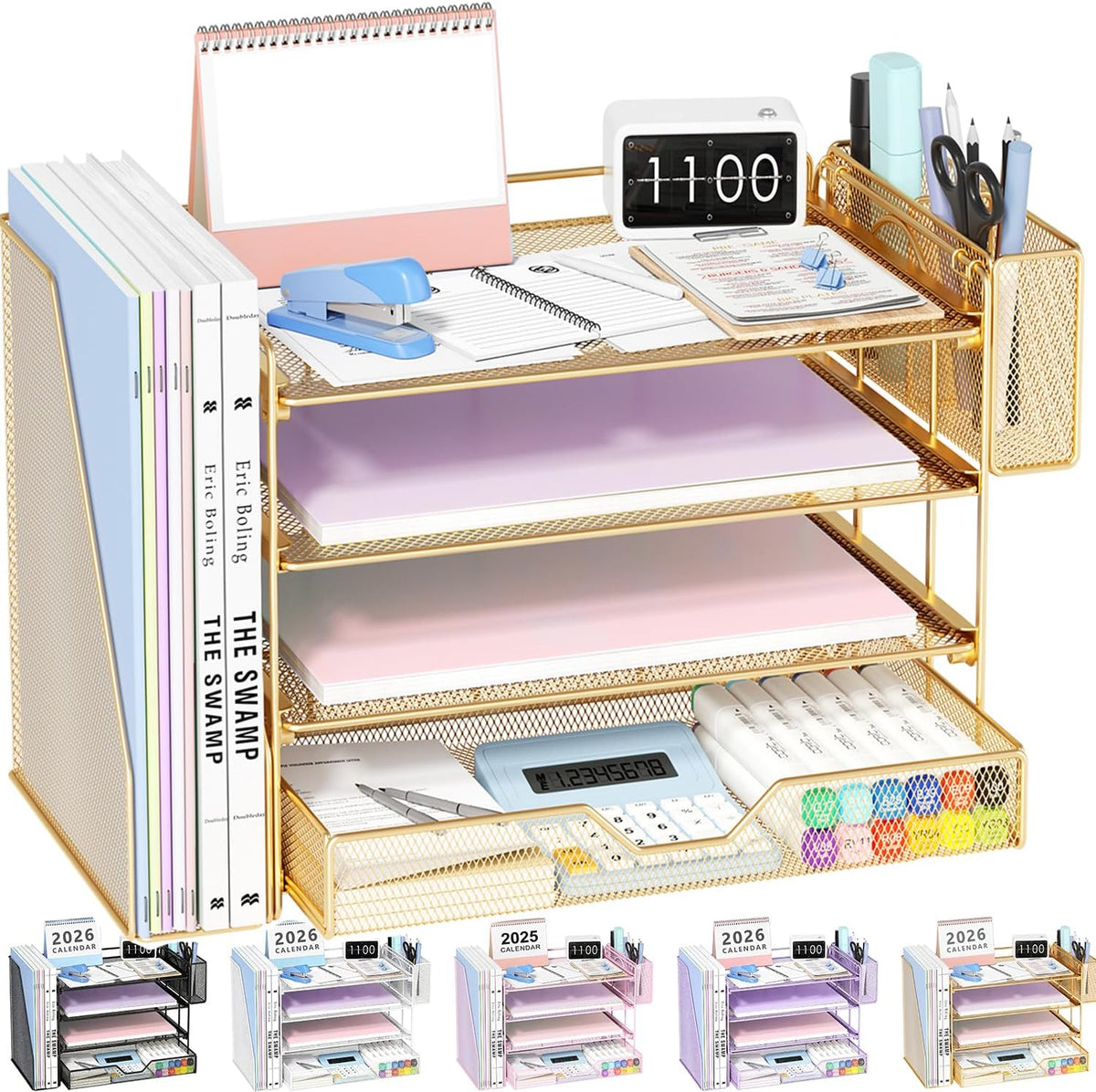 Gold metal desk organizer holding stacked paper, calendar, stapler and side pen holder