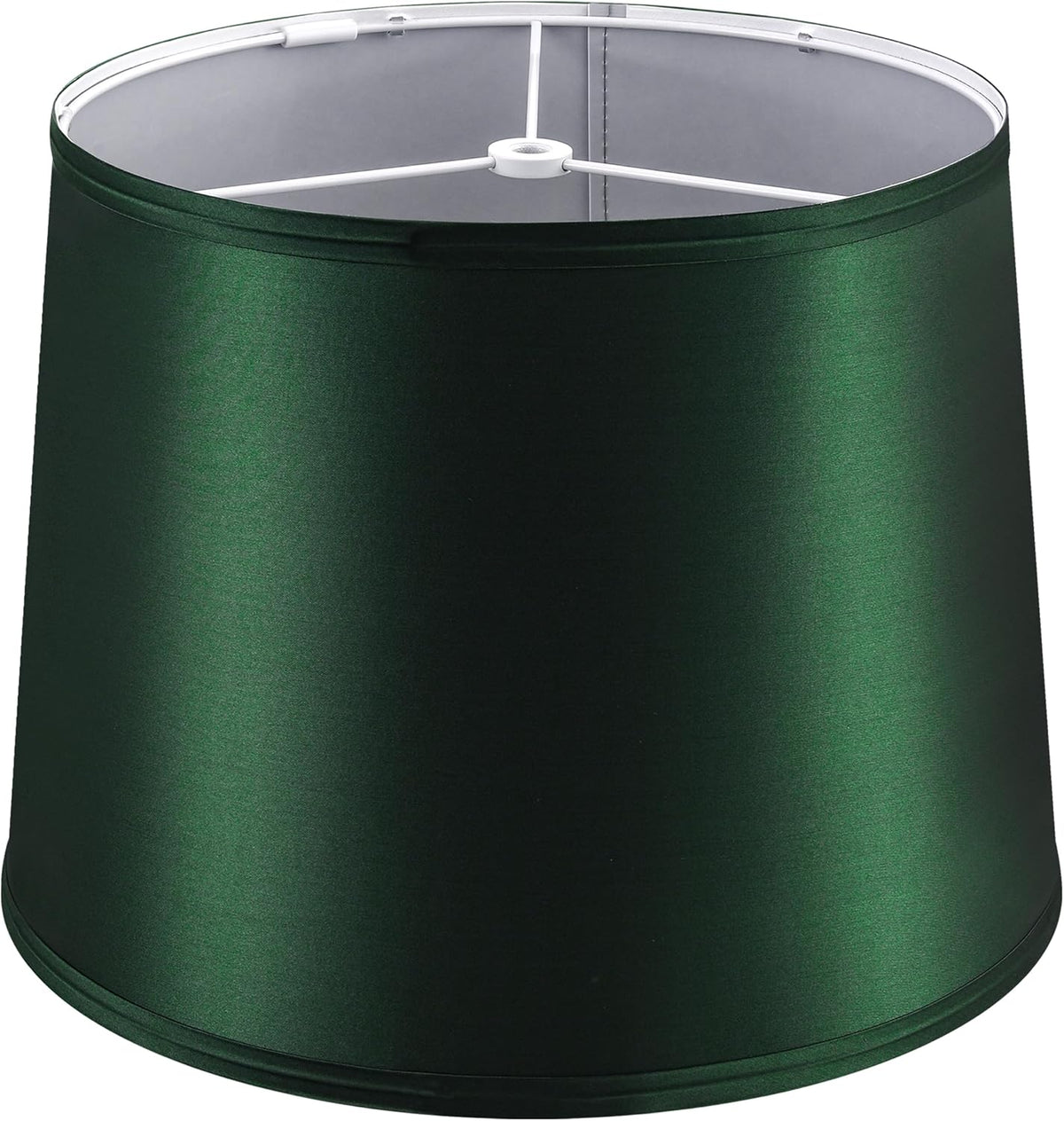 Single tapered drum lamp shade in a dark green satin-like fabric, shown from slightly above.