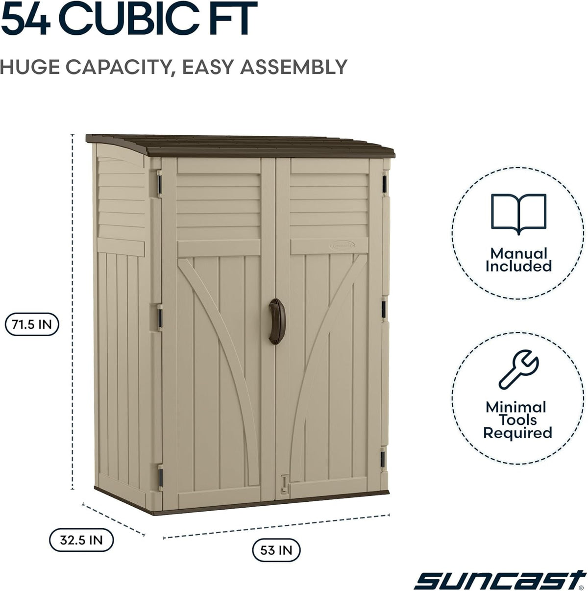 Front view of the closed cabinet with dashed lines showing height, width and depth dimensions