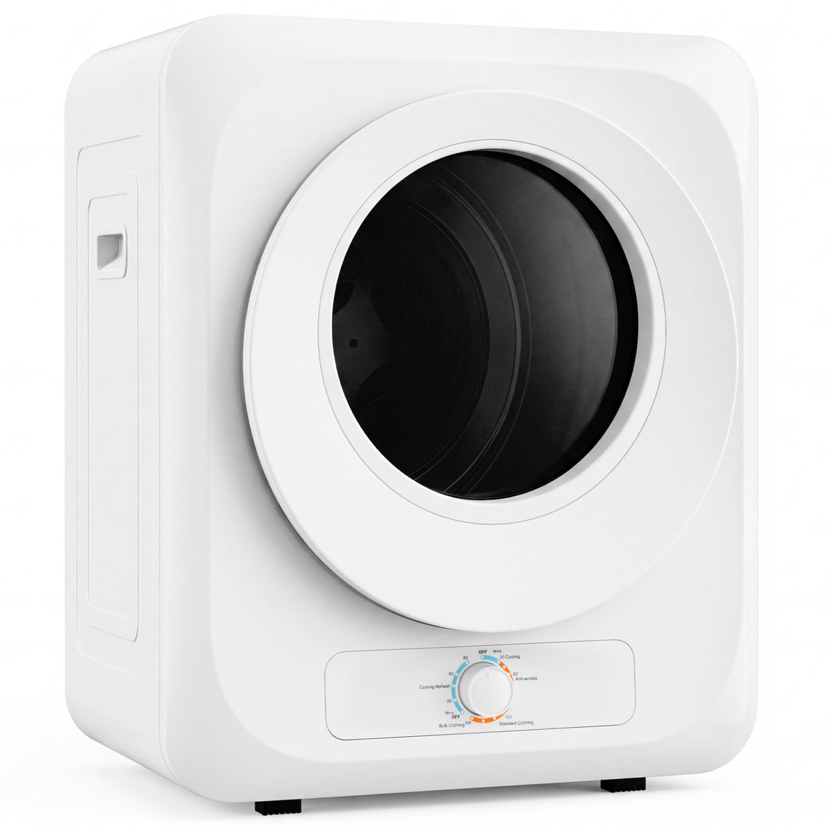 White compact dryer shown against a plain background, with its round door closed.