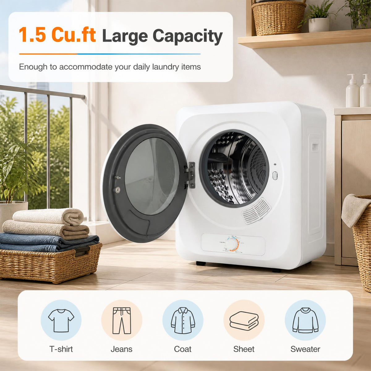 Open white dryer beside folded towels, with illustrations of clothing and linens along the bottom.