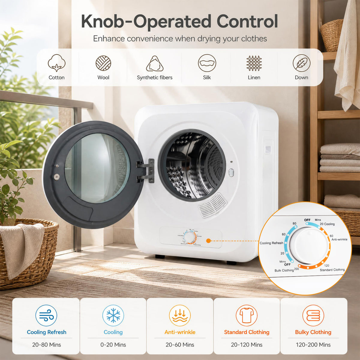 Open white dryer with a close-up of its control knob and a row of fabric-care icons above.