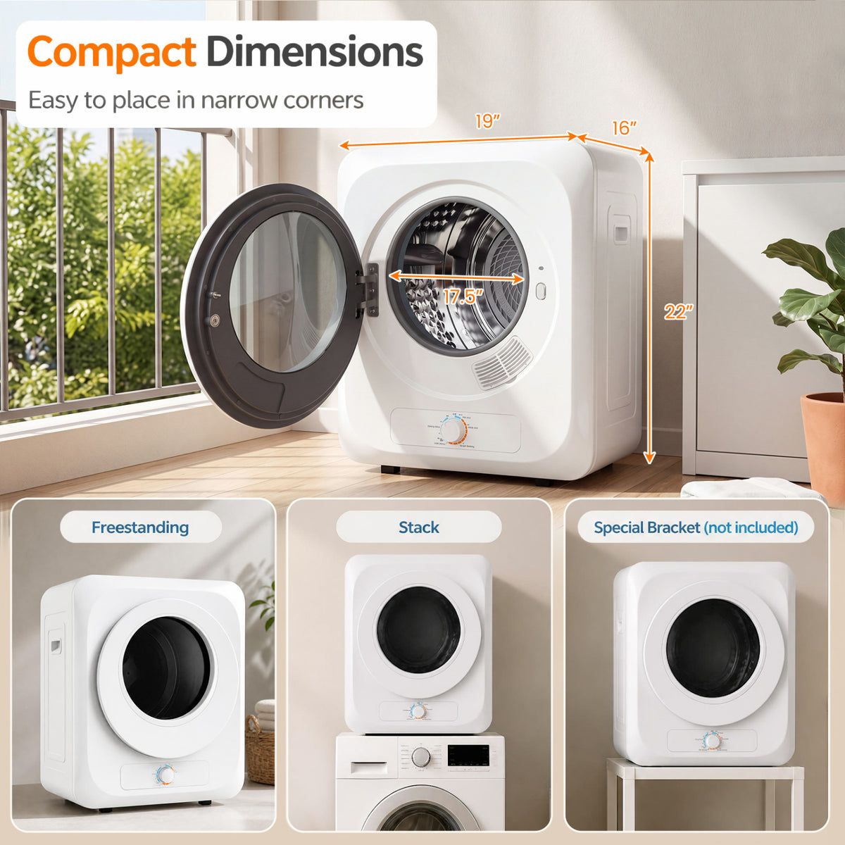 Open-door white dryer beside a window, with smaller examples showing freestanding, stacked, and bracket setups.