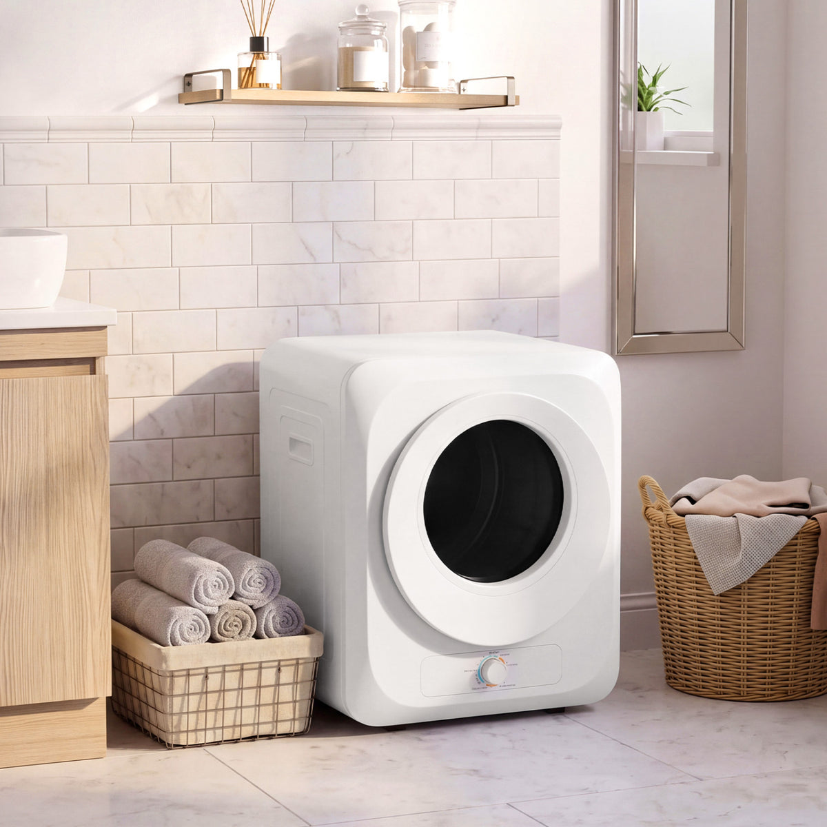 White compact front-loading dryer set in a bright bathroom beside baskets of towels.