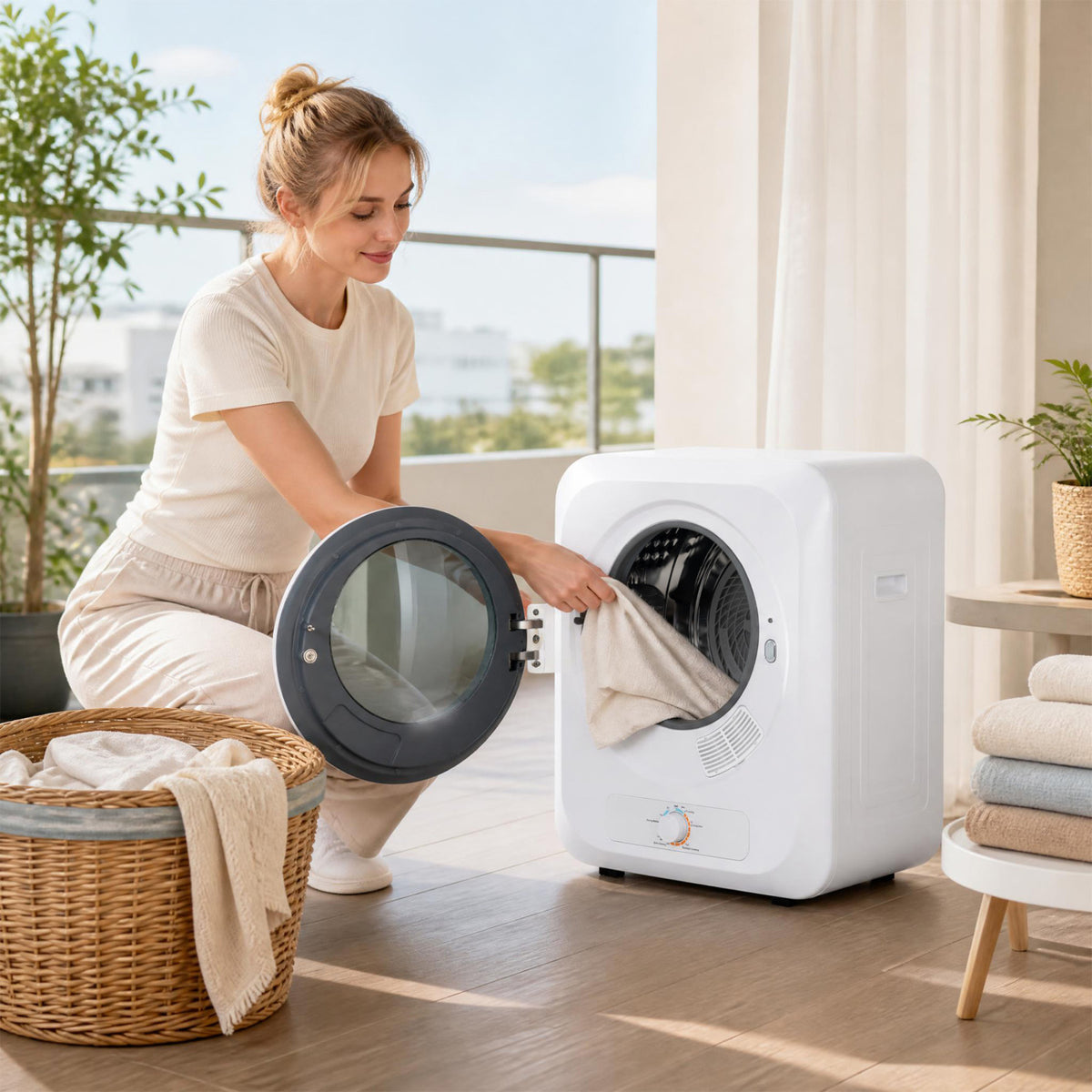 A woman places a light-colored garment into the open dryer beside a laundry basket.