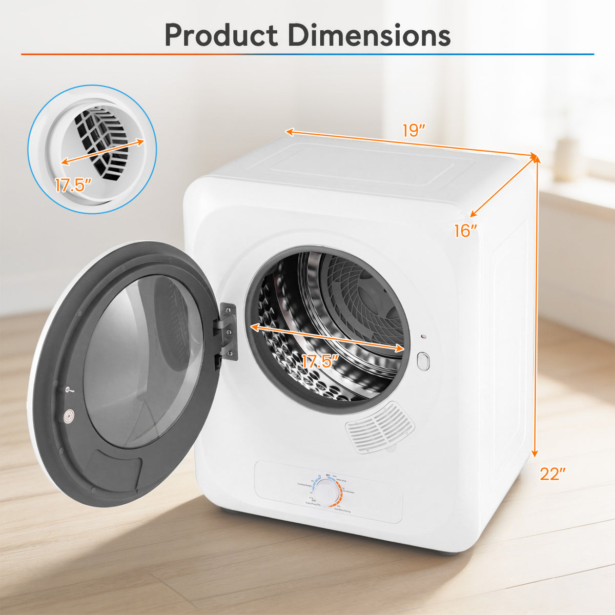 White compact dryer with its round door open, shown with measurement arrows and a drum-detail inset.