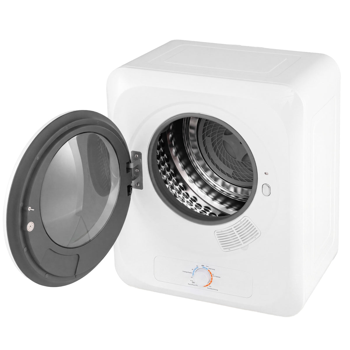 White compact dryer against a plain background with its round door open, revealing the drum.