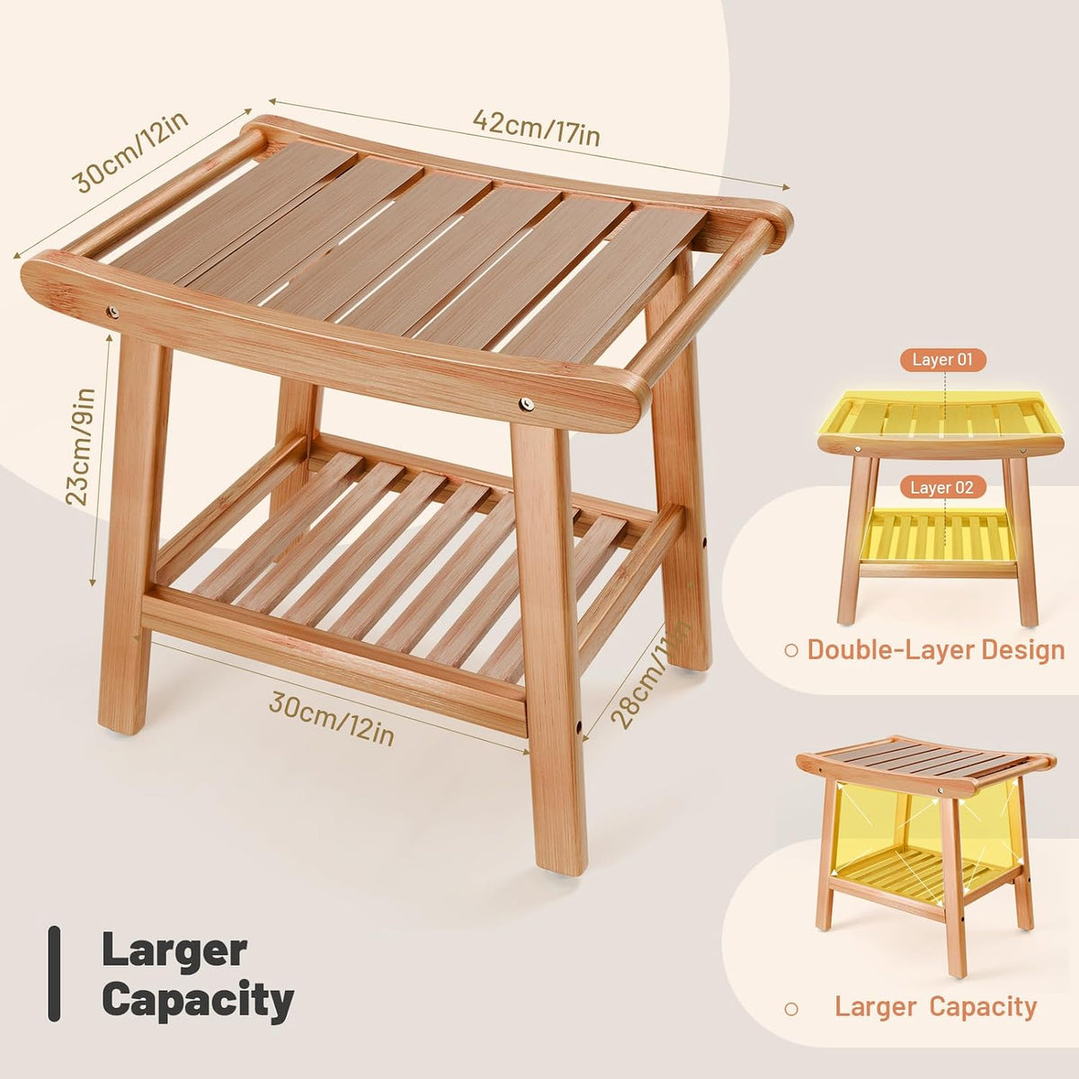 Angled bamboo bench with dimension overlays showing 42cm (17in) top and 30cm (12in) width with arrows
