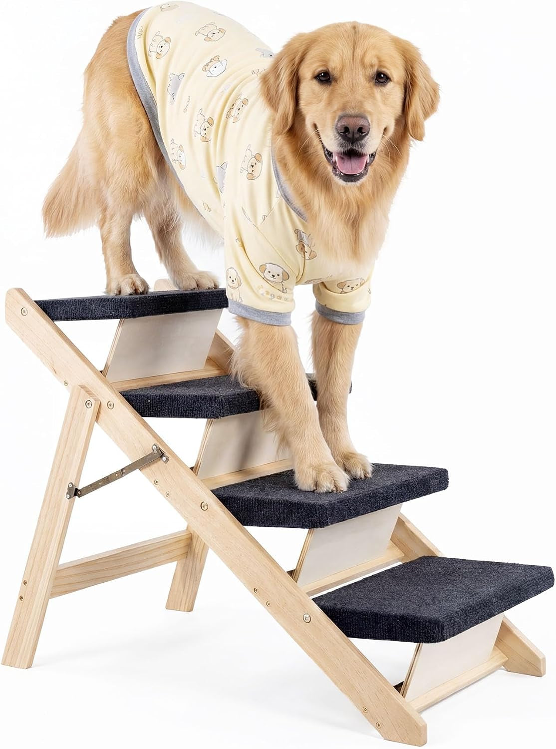 Golden retriever standing on natural birch foldable pet stairs with dark anti-slip fabric treads, angled front view
