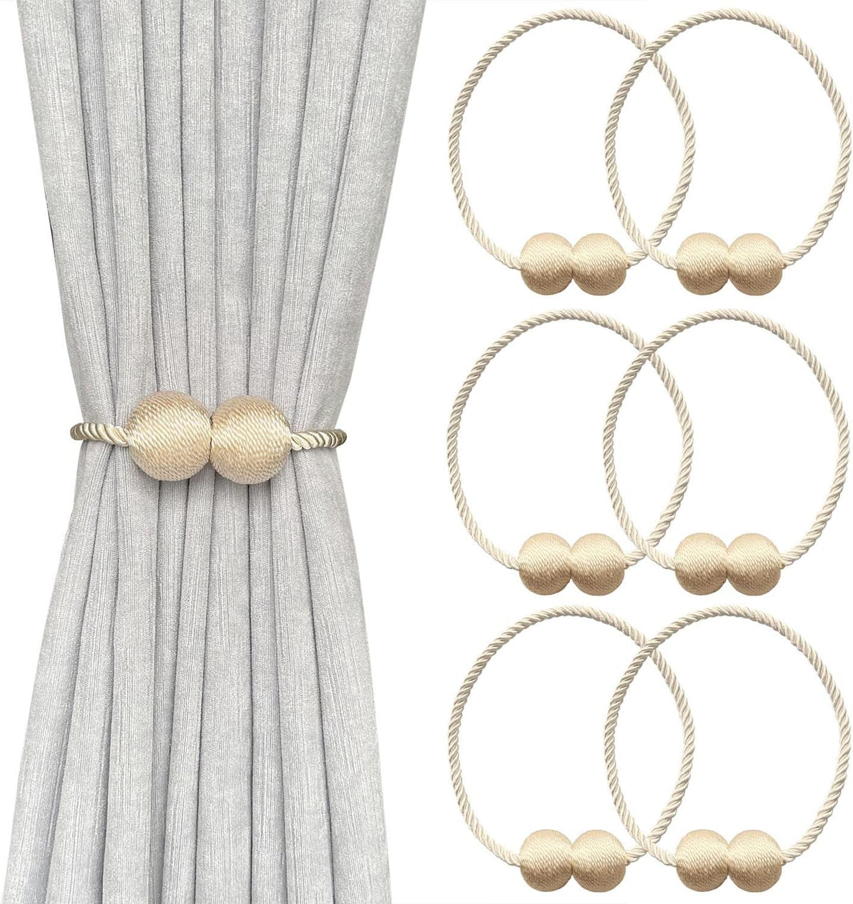 Close-up of beige/gold braided magnetic curtain tiebacks with two spherical beads shown around a pleated gray curtain and as