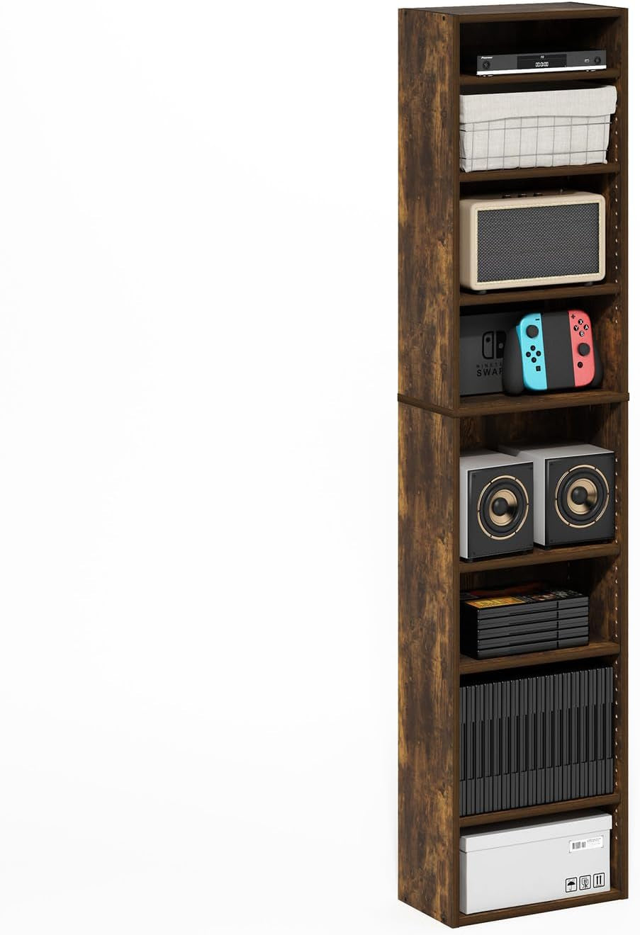 Angled view of the Amber Pine media tower filled with speakers, game system and storage boxes on a white background