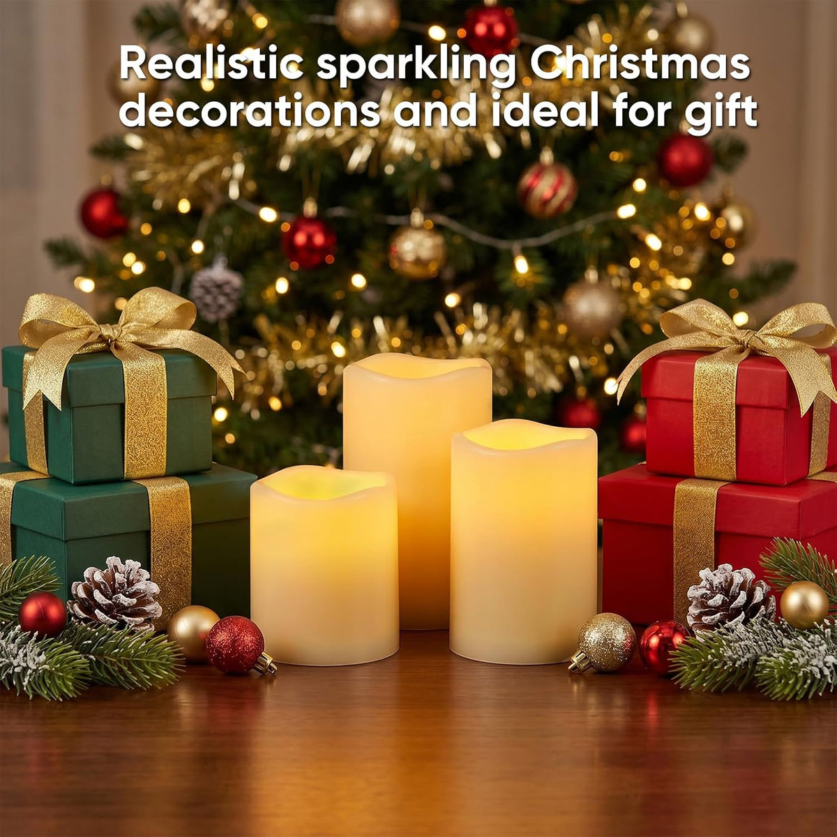 Three lit ivory pillar candles on a wooden table with wrapped green and red gifts and a decorated Christmas tree behind.