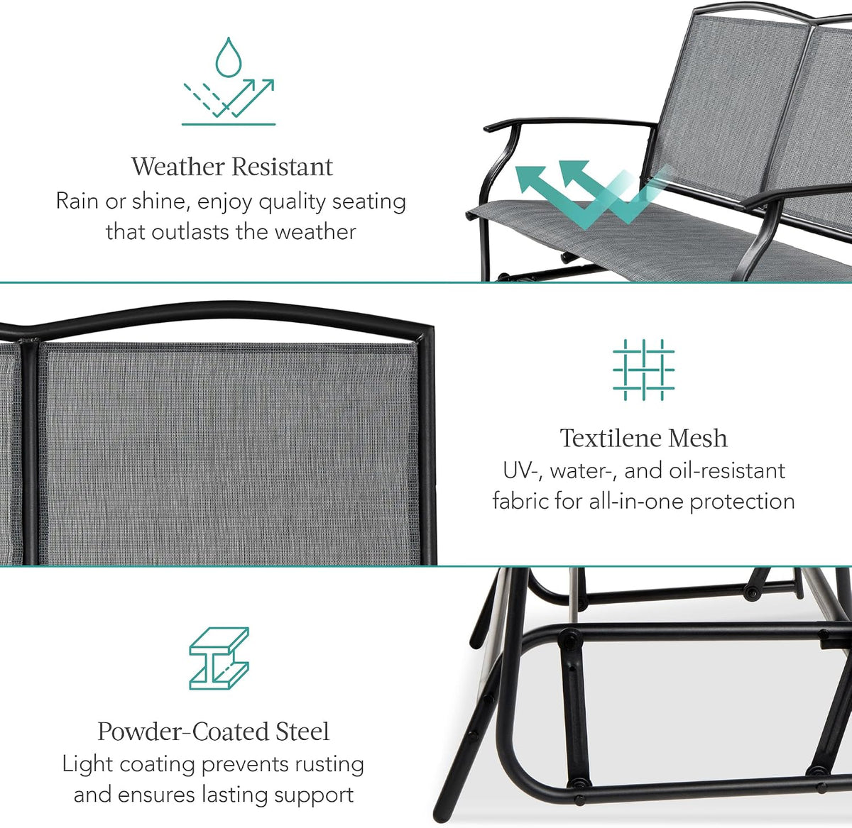 Feature collage showing the gray mesh seat and back with the dark steel frame