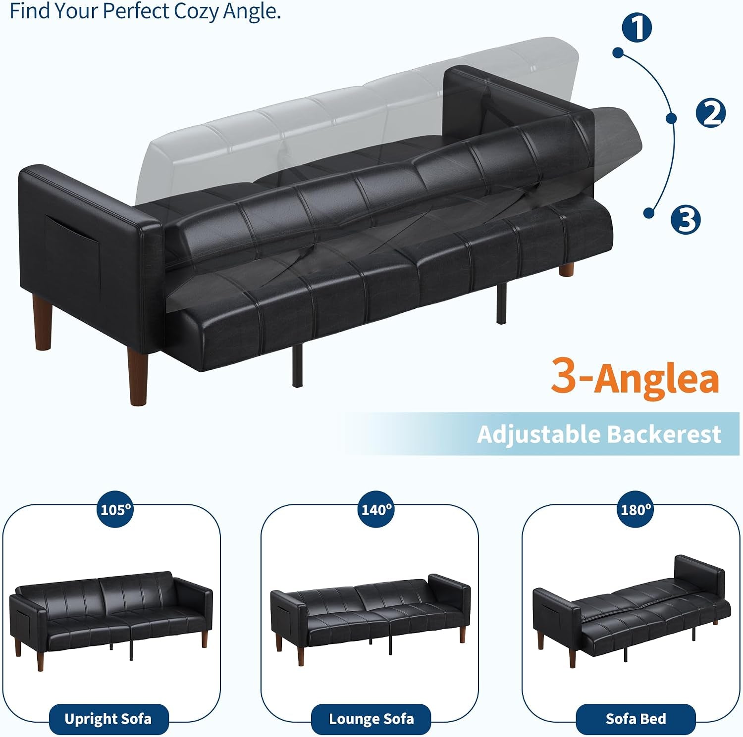 Graphic showing the futon backrest in three adjustable positions from upright to flat