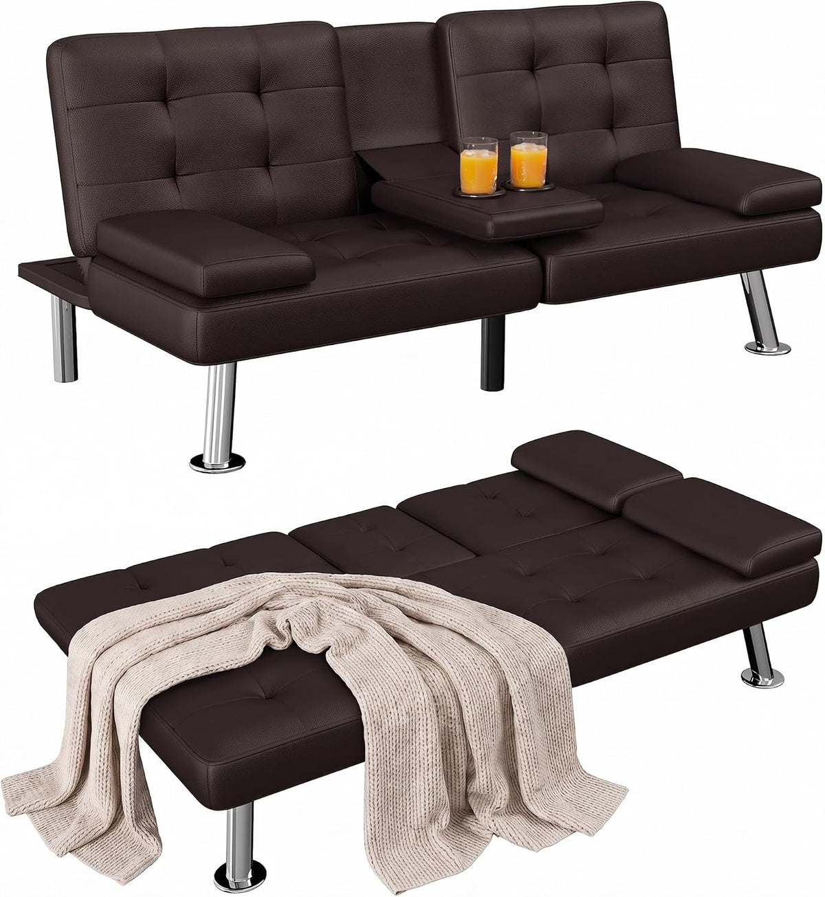 Chocolate brown futon shown as sofa and as a flat bed below, center armrest with two glasses and a knitted throw.