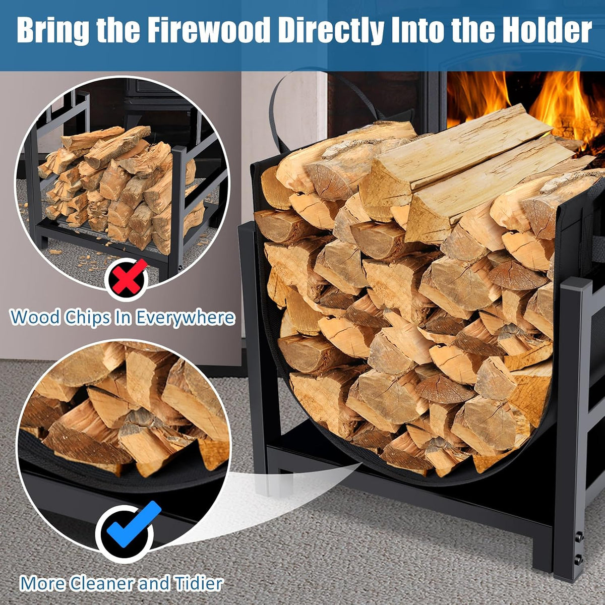 Front view of the rack showing the canvas sling full of logs with inset circle close-ups of clean containment