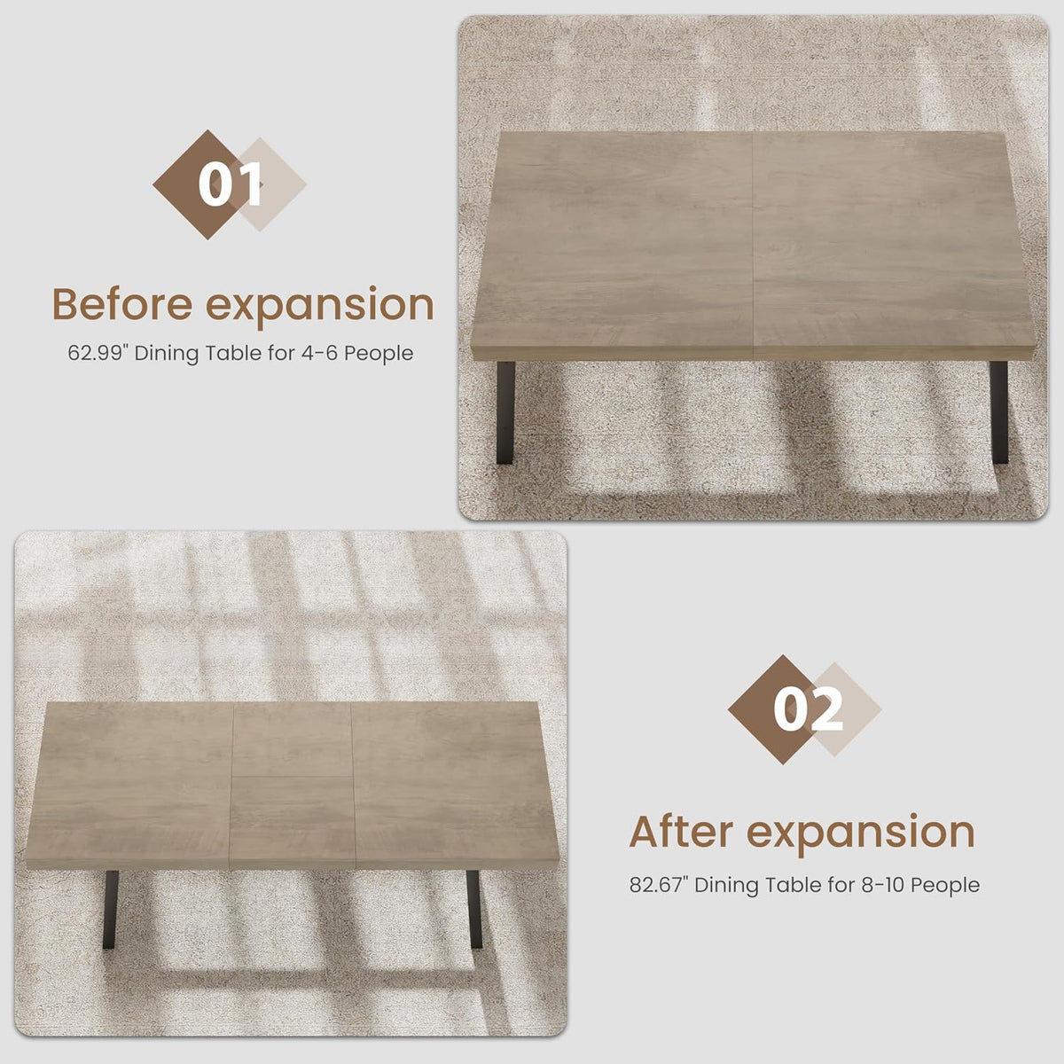 Two top-down photos showing the table before expansion (smaller) and after expansion (larger) on a light carpeted floor.