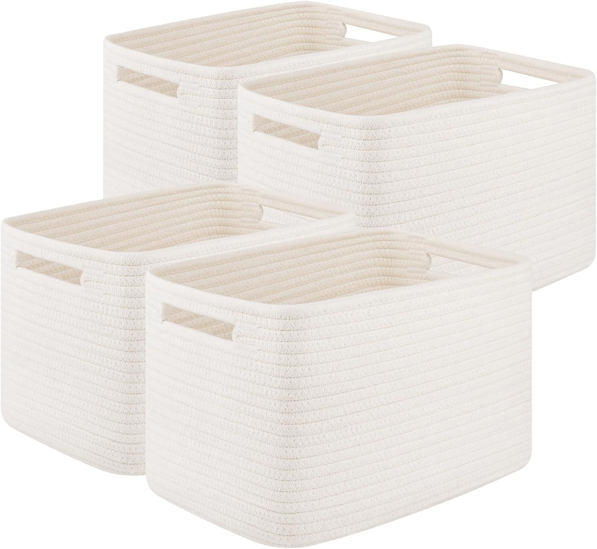 Four cream-colored cotton rope baskets shown empty from a three-quarter front angle.