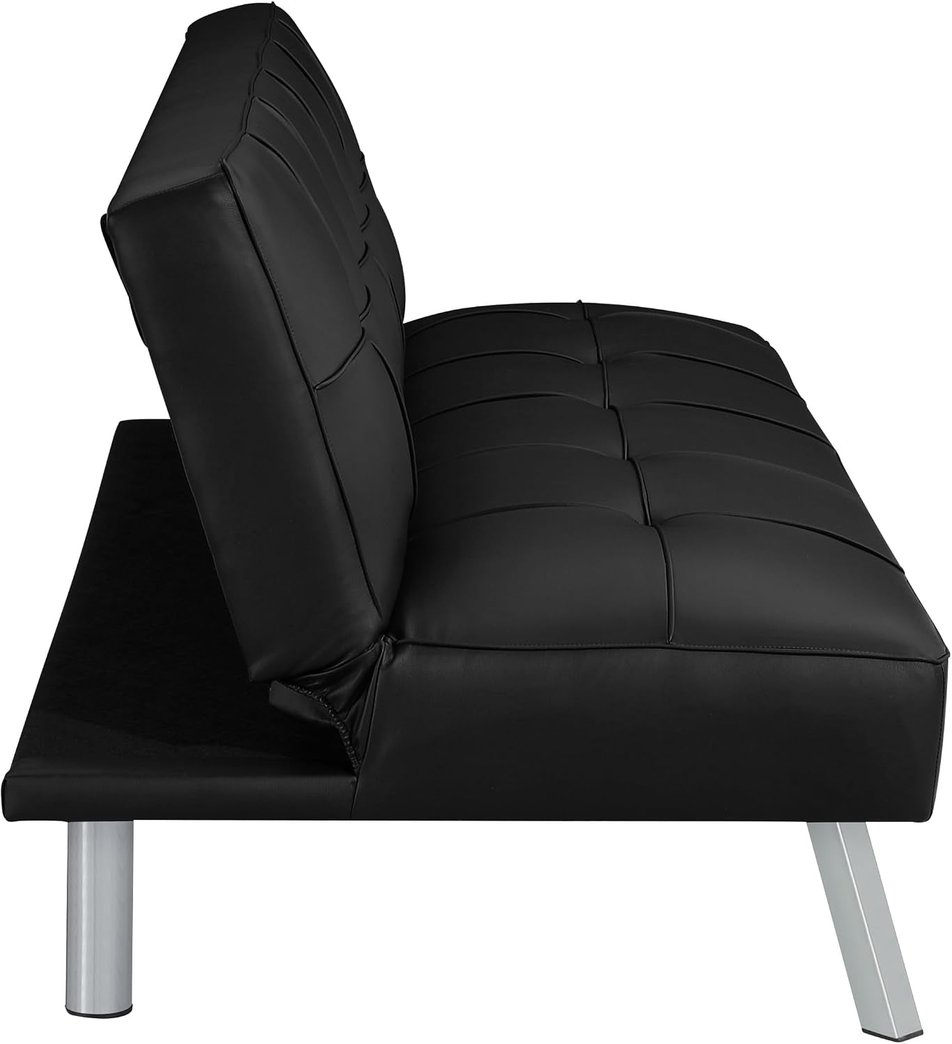 Side profile of the black faux leather futon showing tufted seat and angled chrome leg support