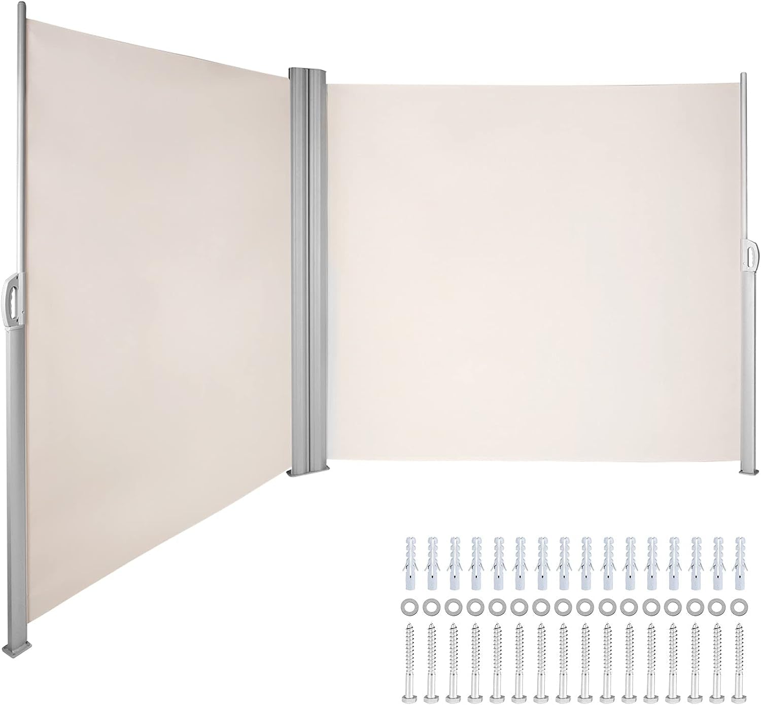 Beige retractable screens arranged in a three-panel configuration with many screws and anchors shown