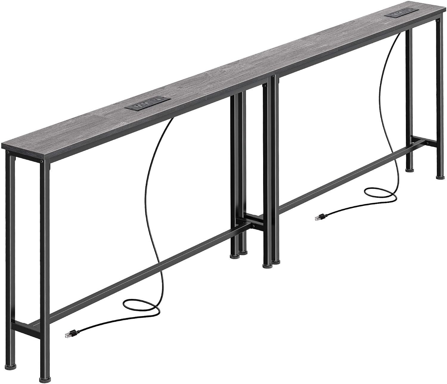 Angled studio view of a slim gray wood-top console table with black metal legs and two visible power cords.
