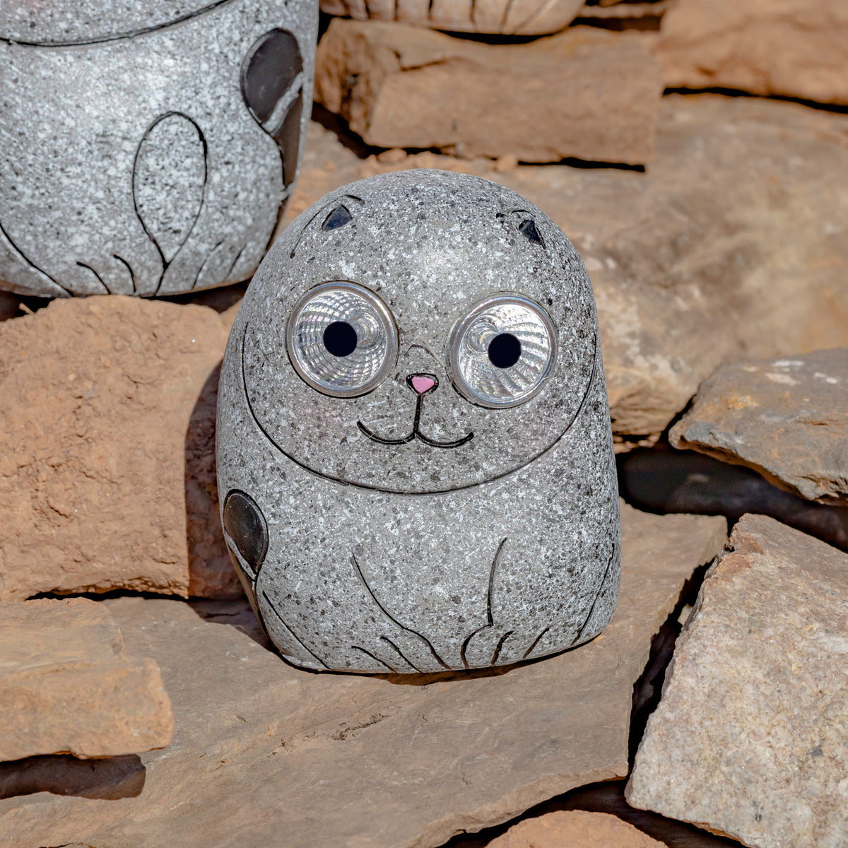 A speckled stone-look cat with large round eyes sits on a rocky surface.