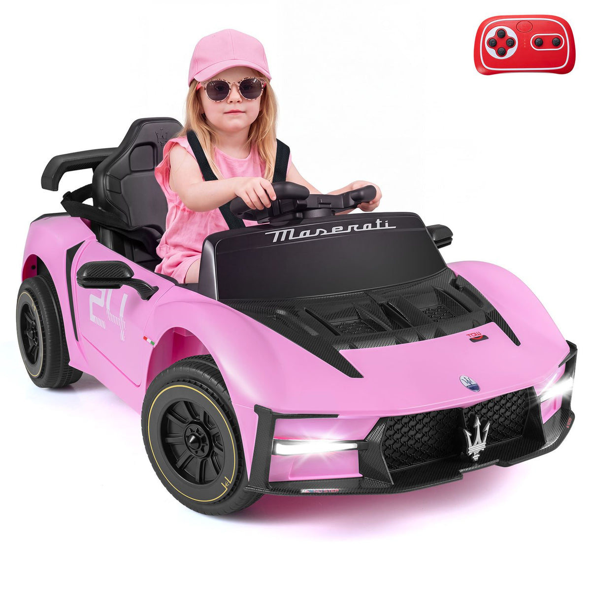 A child wearing a pink cap and sunglasses sits in the pink ride-on car; a red remote is shown above.