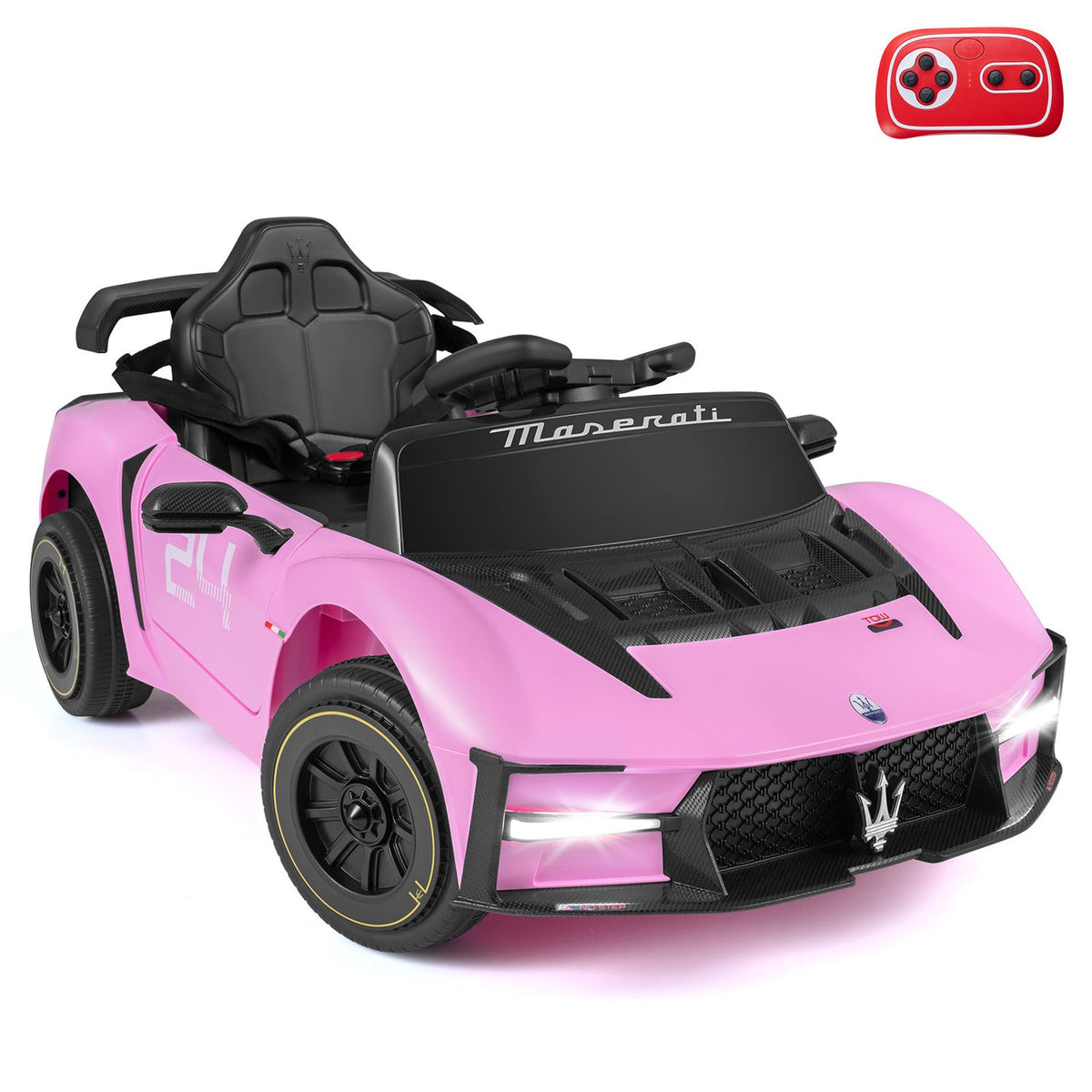 Pink ride-on car shown against a white background, with a red remote control pictured above it.