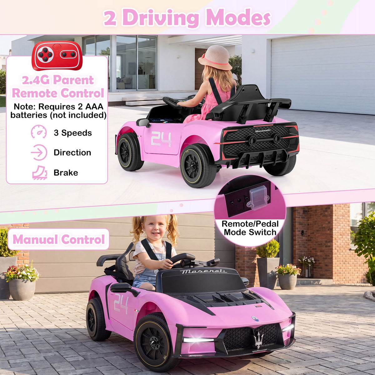 Views of a child driving the pink car, its rear, a handheld remote, and a close-up of the mode switch.