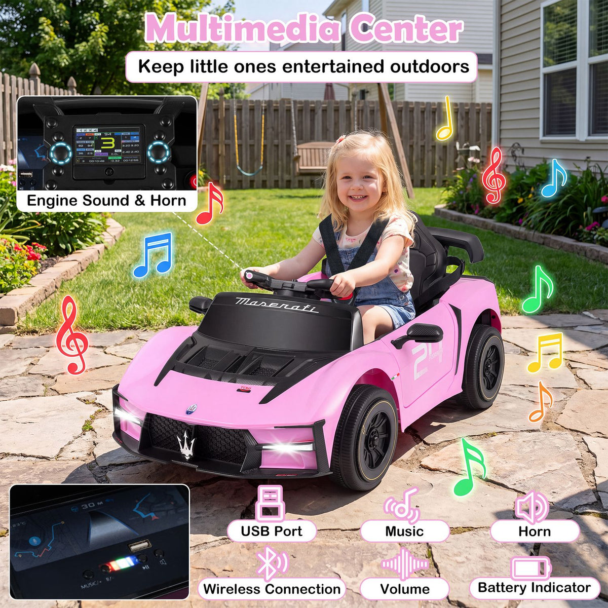 A child sits in the pink car outdoors, surrounded by music symbols and close-ups of its dashboard and display.