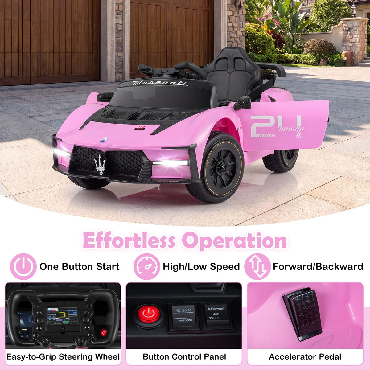 The pink toy car is shown with its door open, alongside close-ups of the steering wheel, controls, and pedal.