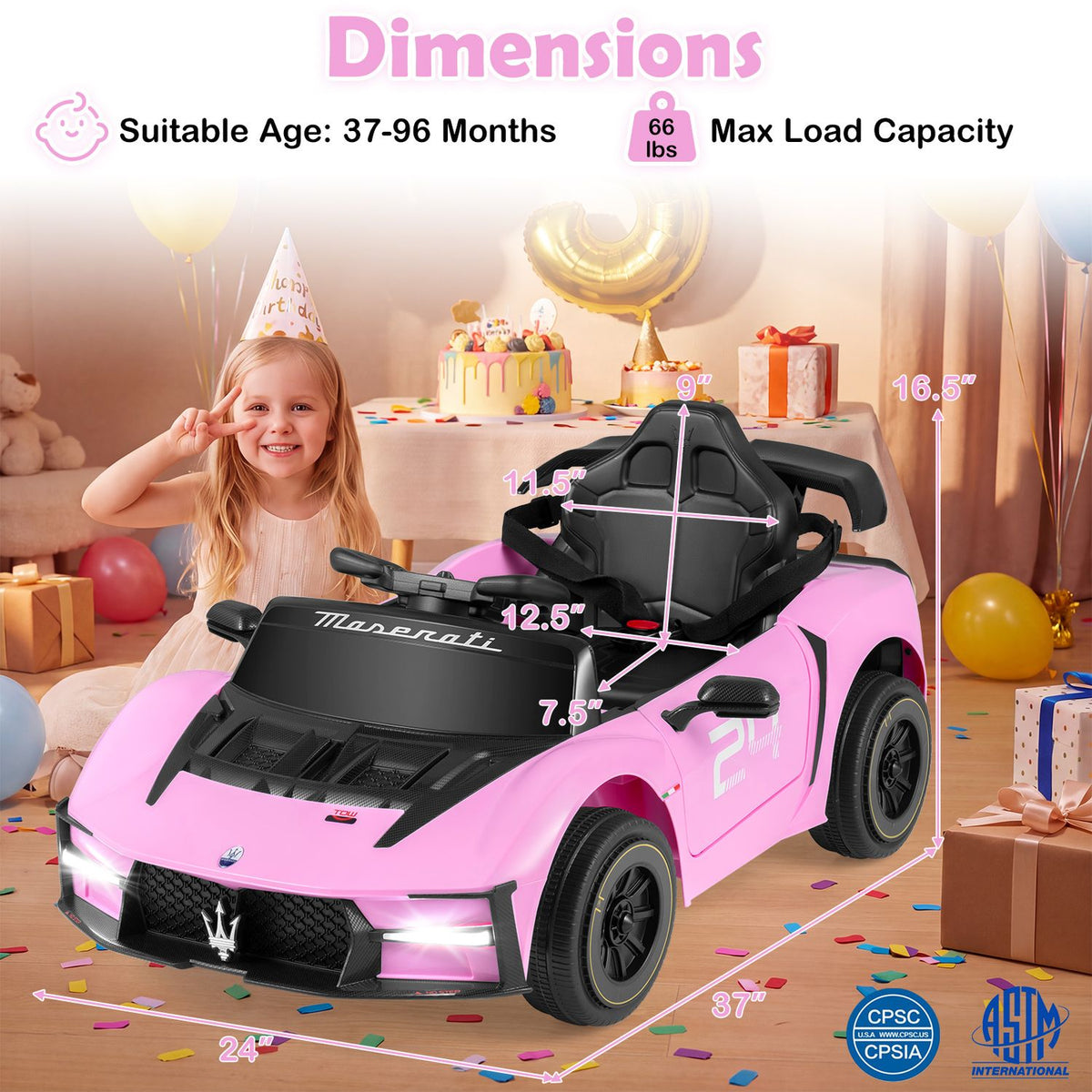 Pink ride-on car shown with measurement arrows in a festive room beside a seated child.