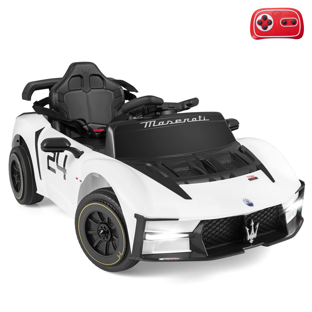 White ride-on car shown from the front with a red remote control above it.