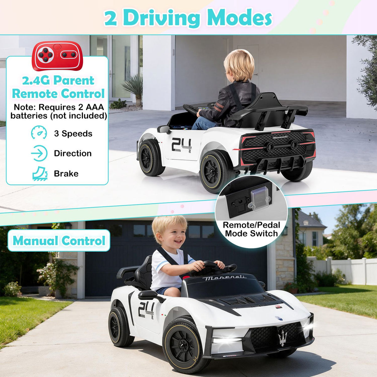 Two children drive a white ride-on car outdoors, with a close-up inset of its remote and pedal switch.