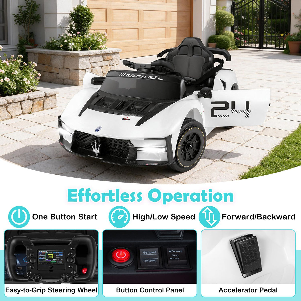 A white ride-on car sits in a driveway above close-ups of its steering wheel, control panel, and pedal.