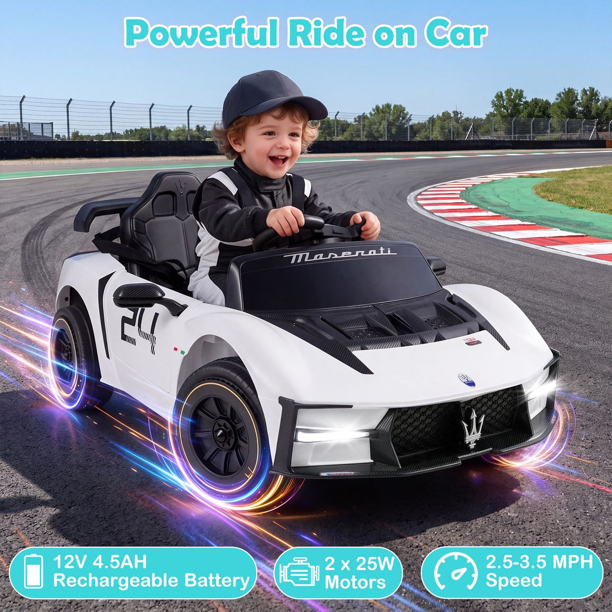 A child sits in a white ride-on sports car on a racetrack, with colorful light effects around the wheels.