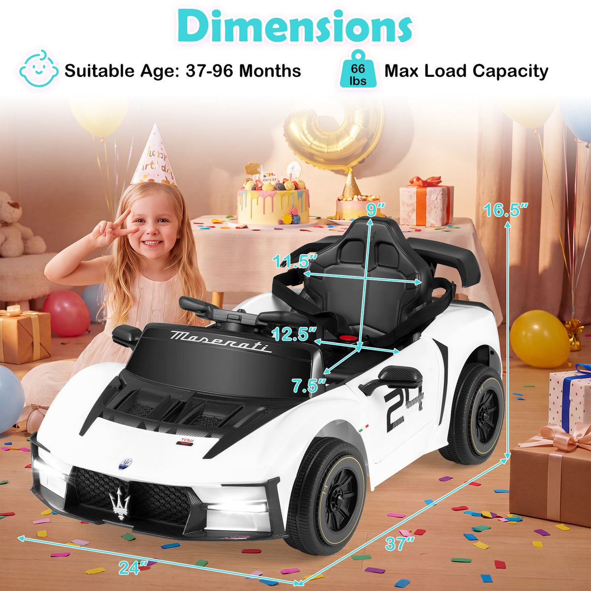 White ride-on car displayed in a party setting with measurement arrows around it.