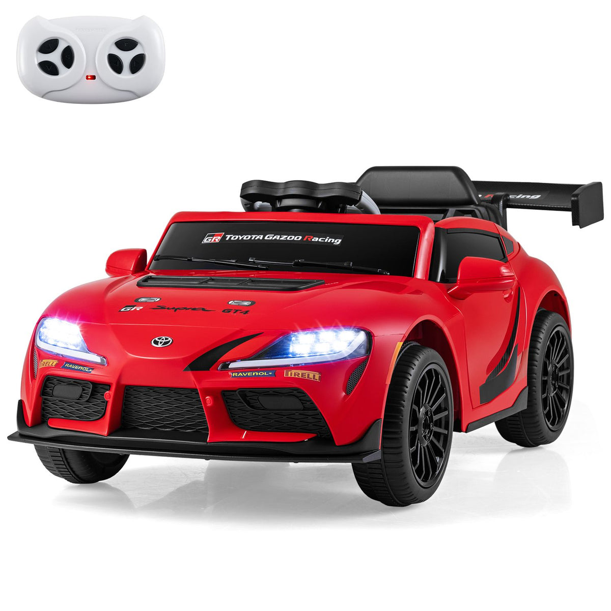 A red ride-on sports car is shown with a white handheld remote against a plain background.