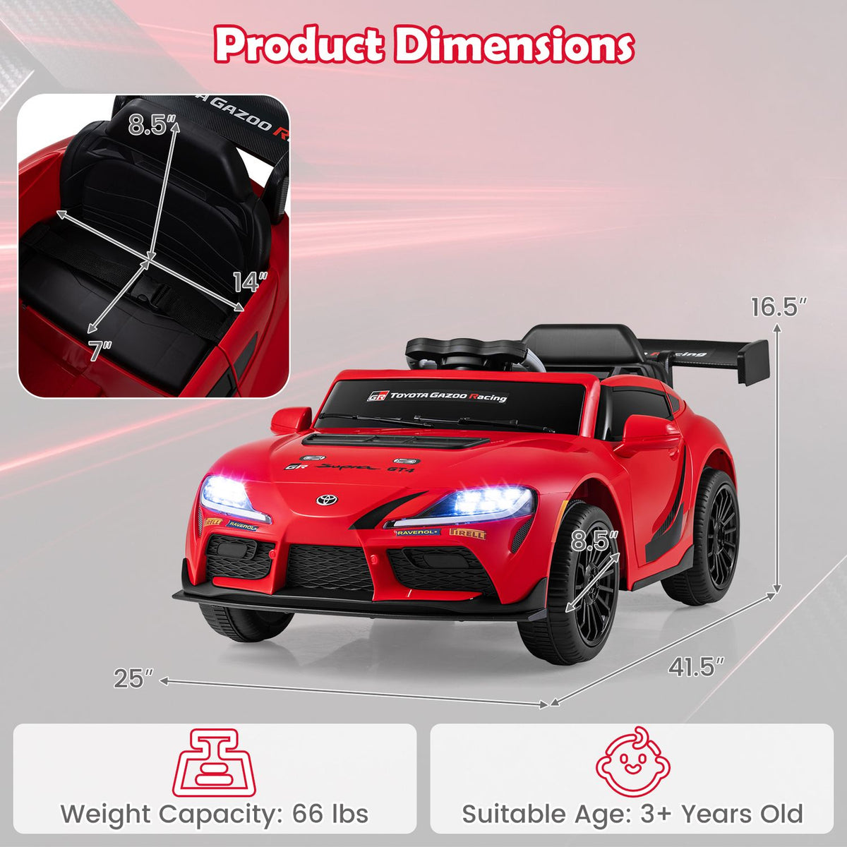 A red ride-on car appears with measurement arrows and an inset view of its seat.