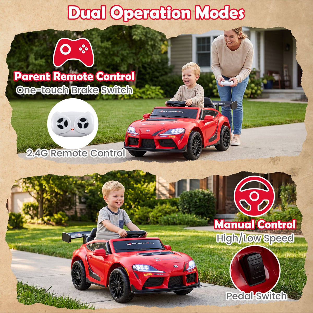 A child drives the red ride-on car while an adult walks alongside holding a remote; a second view shows the child driving