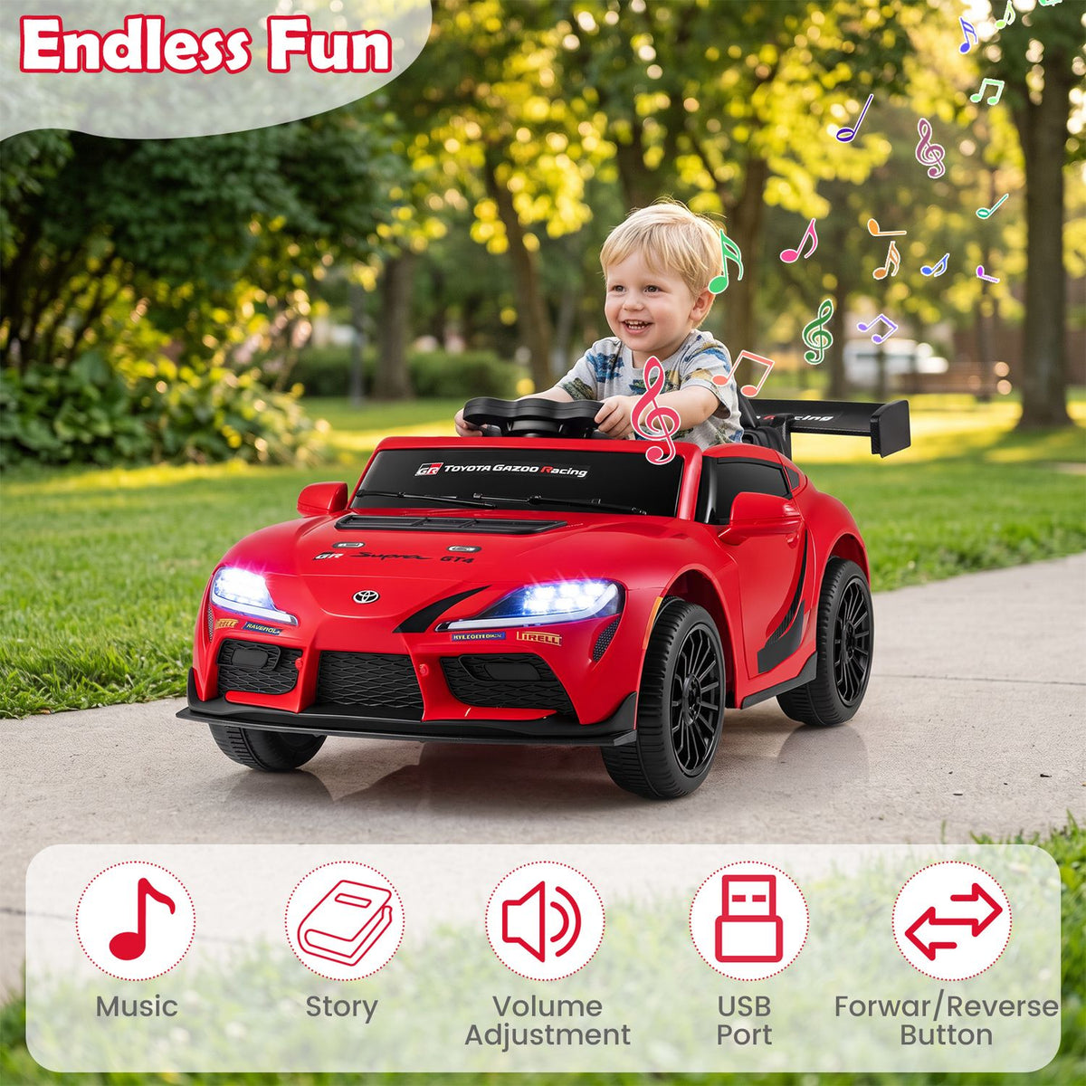 A smiling child drives the red car along a park path, with colorful music-note graphics around it.