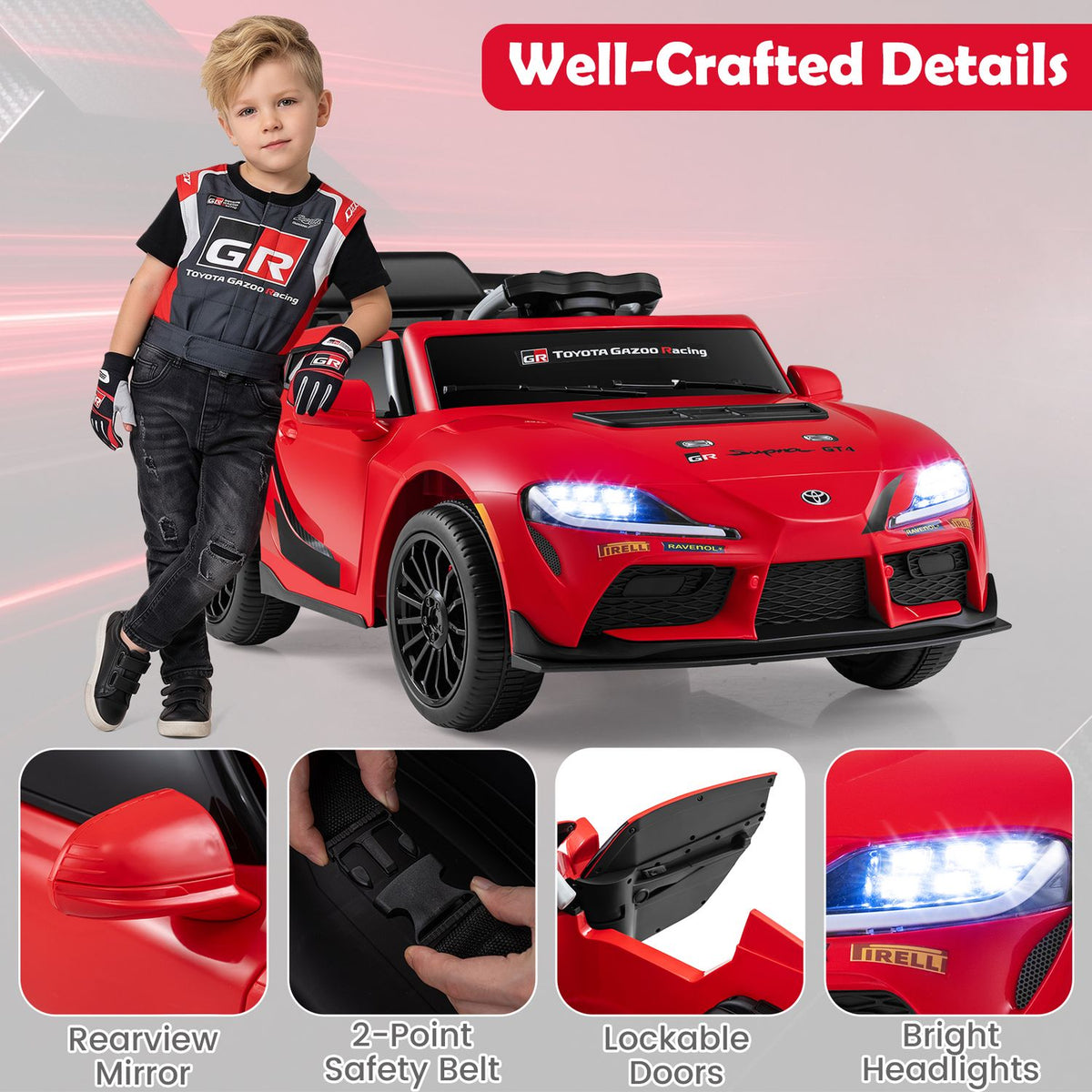 A child stands beside the red car; close-ups show its mirror, seat belt, door, and illuminated headlight.