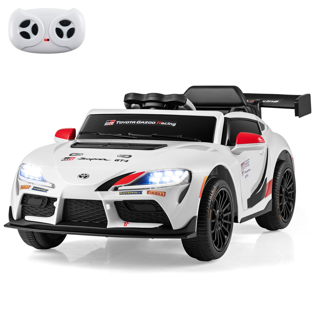 A white ride-on sports car with black wheels and a separate white remote control on a plain background.